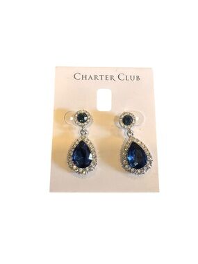 Charter Club Navy Teardrop Crystal Drop Earrings NWT